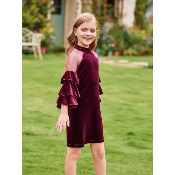 WDIRARA Girl's Velvet Mesh Layered Bell Sleeve Party Elegant 3/4 Sleeve Short Dress