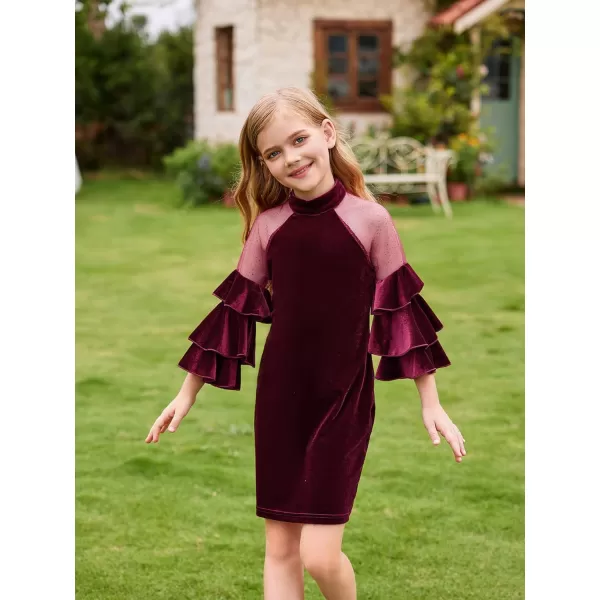 WDIRARA Girl's Velvet Mesh Layered Bell Sleeve Party Elegant 3/4 Sleeve Short Dress