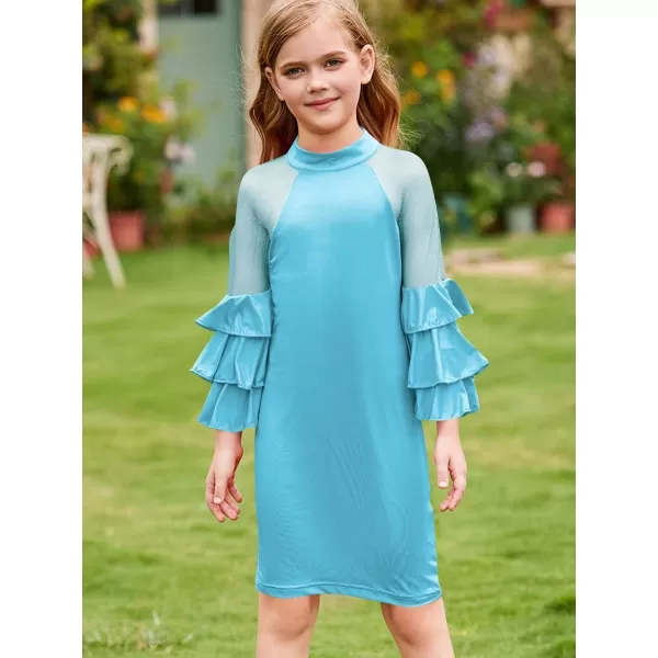 WDIRARA Girl's Velvet Mesh Layered Bell Sleeve Party Elegant 3/4 Sleeve Short Dress