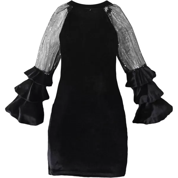 WDIRARA Girl's Velvet Mesh Layered Bell Sleeve Party Elegant 3/4 Sleeve Short Dress