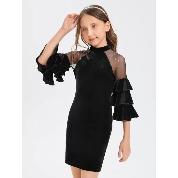 WDIRARA Girl's Velvet Mesh Layered Bell Sleeve Party Elegant 3/4 Sleeve Short Dress