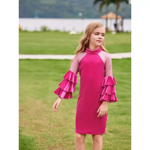WDIRARA Girl's Velvet Mesh Layered Bell Sleeve Party Elegant 3/4 Sleeve Short Dress
