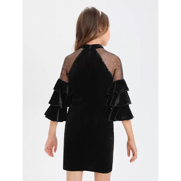 WDIRARA Girl's Velvet Mesh Layered Bell Sleeve Party Elegant 3/4 Sleeve Short Dress