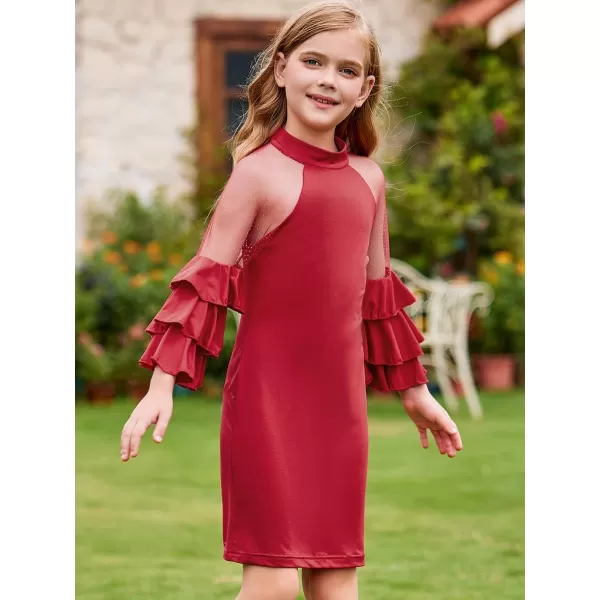 WDIRARA Girl's Velvet Mesh Layered Bell Sleeve Party Elegant 3/4 Sleeve Short Dress