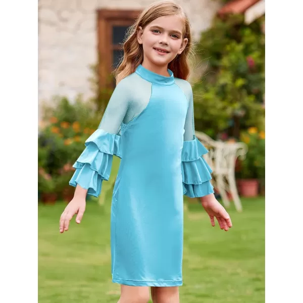 WDIRARA Girl's Velvet Mesh Layered Bell Sleeve Party Elegant 3/4 Sleeve Short Dress