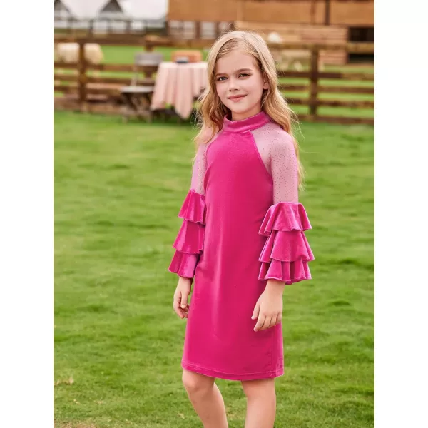 WDIRARA Girl's Velvet Mesh Layered Bell Sleeve Party Elegant 3/4 Sleeve Short Dress