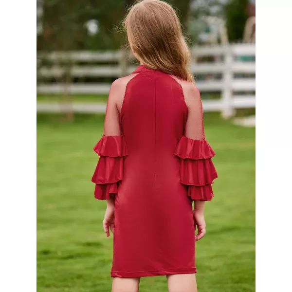 WDIRARA Girl's Velvet Mesh Layered Bell Sleeve Party Elegant 3/4 Sleeve Short Dress