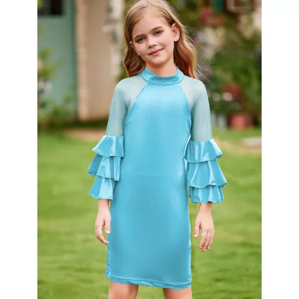 WDIRARA Girl's Velvet Mesh Layered Bell Sleeve Party Elegant 3/4 Sleeve Short Dress