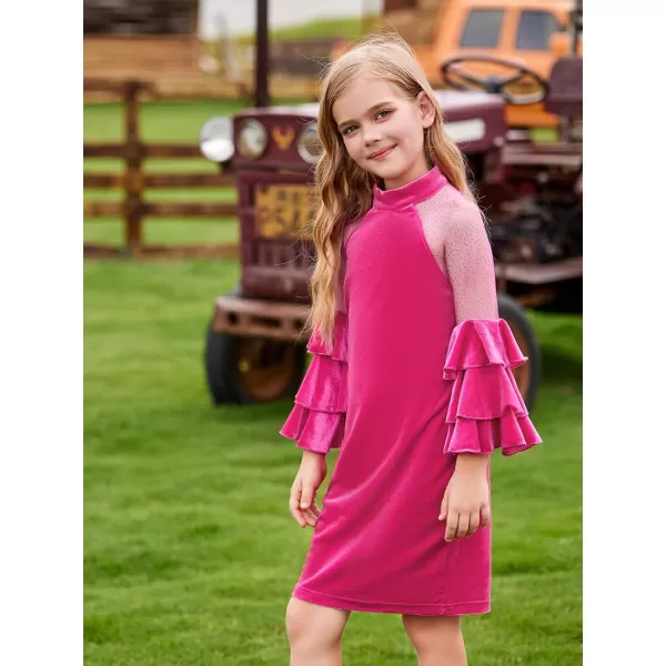 WDIRARA Girl's Velvet Mesh Layered Bell Sleeve Party Elegant 3/4 Sleeve Short Dress