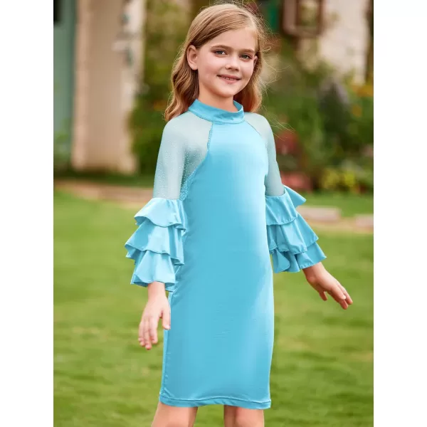 WDIRARA Girl's Velvet Mesh Layered Bell Sleeve Party Elegant 3/4 Sleeve Short Dress