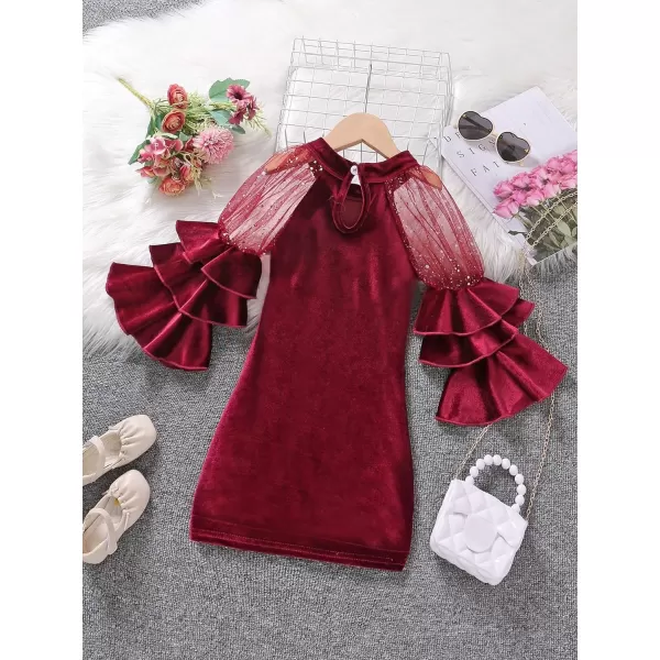 WDIRARA Girl's Velvet Mesh Layered Bell Sleeve Party Elegant 3/4 Sleeve Short Dress