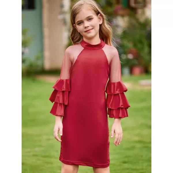 WDIRARA Girl's Velvet Mesh Layered Bell Sleeve Party Elegant 3/4 Sleeve Short Dress