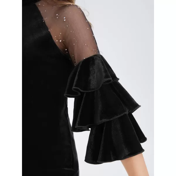WDIRARA Girl's Velvet Mesh Layered Bell Sleeve Party Elegant 3/4 Sleeve Short Dress