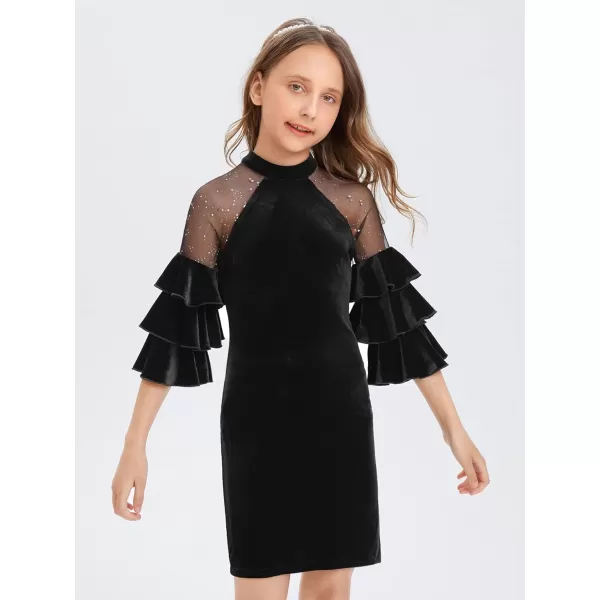 WDIRARA Girl's Velvet Mesh Layered Bell Sleeve Party Elegant 3/4 Sleeve Short Dress