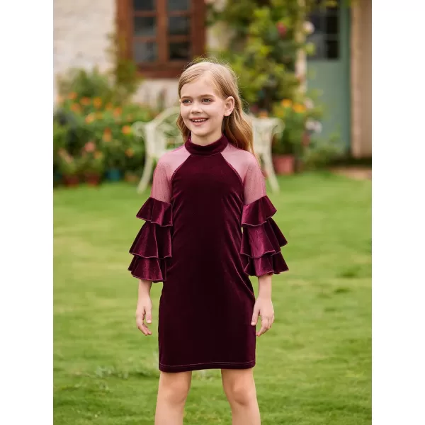 WDIRARA Girl's Velvet Mesh Layered Bell Sleeve Party Elegant 3/4 Sleeve Short Dress