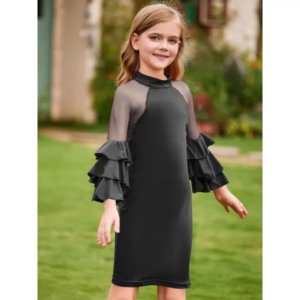 WDIRARA Girl's Velvet Mesh Layered Bell Sleeve Party Elegant 3/4 Sleeve Short Dress
