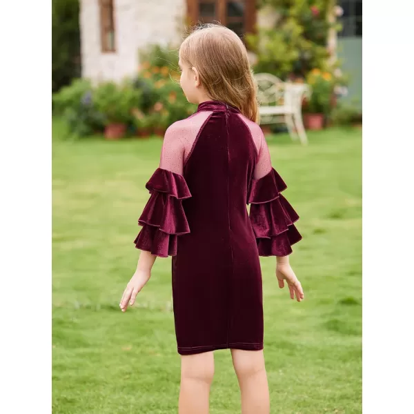 WDIRARA Girl's Velvet Mesh Layered Bell Sleeve Party Elegant 3/4 Sleeve Short Dress