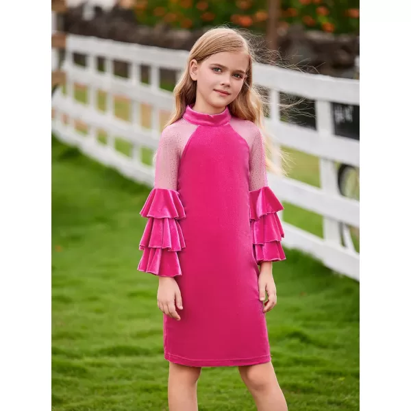 WDIRARA Girl's Velvet Mesh Layered Bell Sleeve Party Elegant 3/4 Sleeve Short Dress