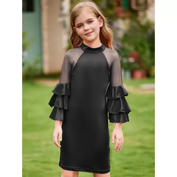 WDIRARA Girl's Velvet Mesh Layered Bell Sleeve Party Elegant 3/4 Sleeve Short Dress