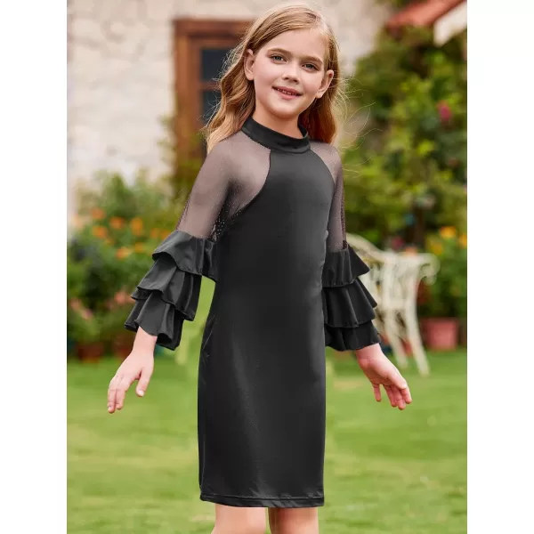 WDIRARA Girl's Velvet Mesh Layered Bell Sleeve Party Elegant 3/4 Sleeve Short Dress
