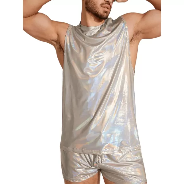WDIRARA Men's 2 Piece Outfit Metallic Round Neck Sleeveless Tank Top and Drawstring Pocket Shorts