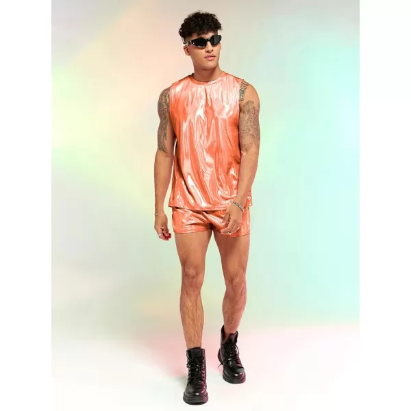 WDIRARA Men's 2 Piece Outfit Metallic Round Neck Sleeveless Tank Top and Drawstring Pocket Shorts