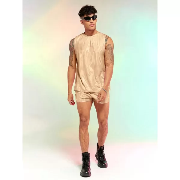 WDIRARA Men's 2 Piece Outfit Metallic Round Neck Sleeveless Tank Top and Drawstring Pocket Shorts
