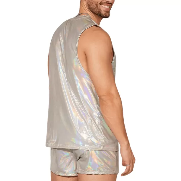 WDIRARA Men's 2 Piece Outfit Metallic Round Neck Sleeveless Tank Top and Drawstring Pocket Shorts