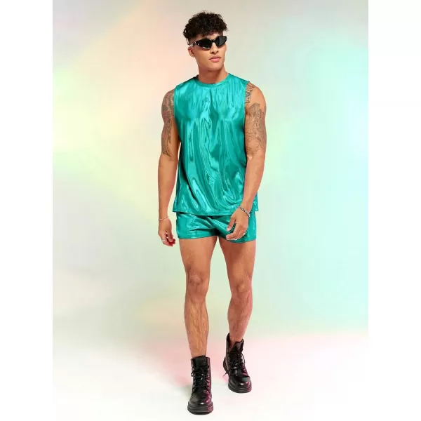 WDIRARA Men's 2 Piece Outfit Metallic Round Neck Sleeveless Tank Top and Drawstring Pocket Shorts