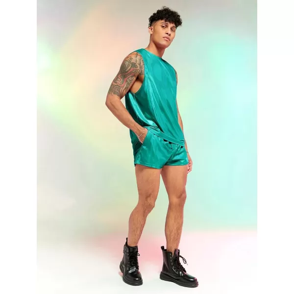WDIRARA Men's 2 Piece Outfit Metallic Round Neck Sleeveless Tank Top and Drawstring Pocket Shorts