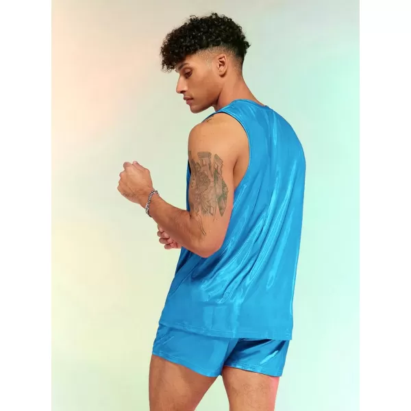WDIRARA Men's 2 Piece Outfit Metallic Round Neck Sleeveless Tank Top and Drawstring Pocket Shorts