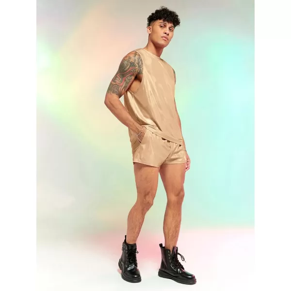WDIRARA Men's 2 Piece Outfit Metallic Round Neck Sleeveless Tank Top and Drawstring Pocket Shorts