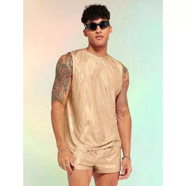WDIRARA Men's 2 Piece Outfit Metallic Round Neck Sleeveless Tank Top and Drawstring Pocket Shorts