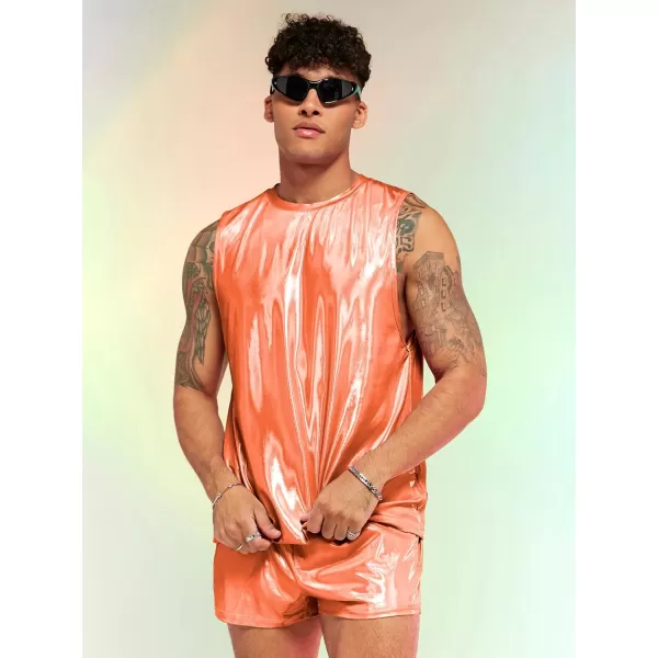 WDIRARA Men's 2 Piece Outfit Metallic Round Neck Sleeveless Tank Top and Drawstring Pocket Shorts
