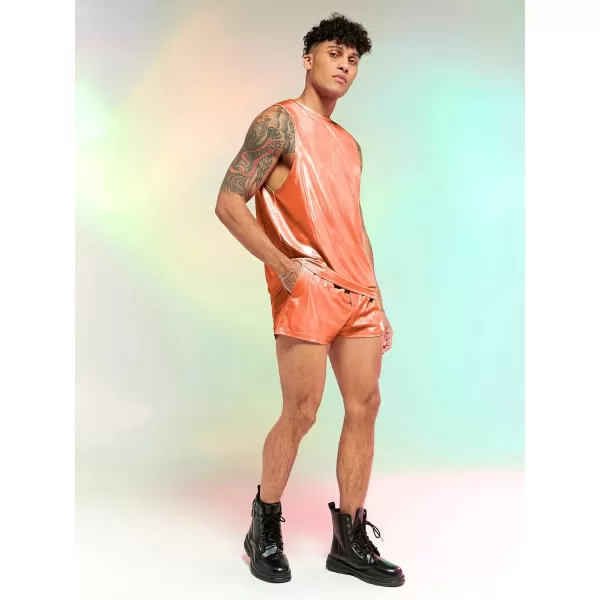WDIRARA Men's 2 Piece Outfit Metallic Round Neck Sleeveless Tank Top and Drawstring Pocket Shorts