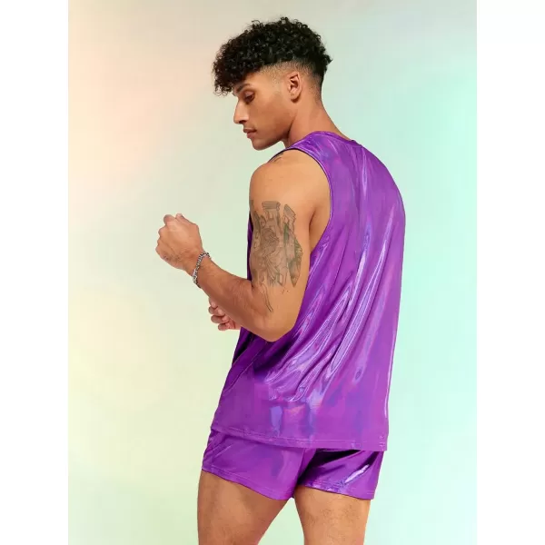 WDIRARA Men's 2 Piece Outfit Metallic Round Neck Sleeveless Tank Top and Drawstring Pocket Shorts