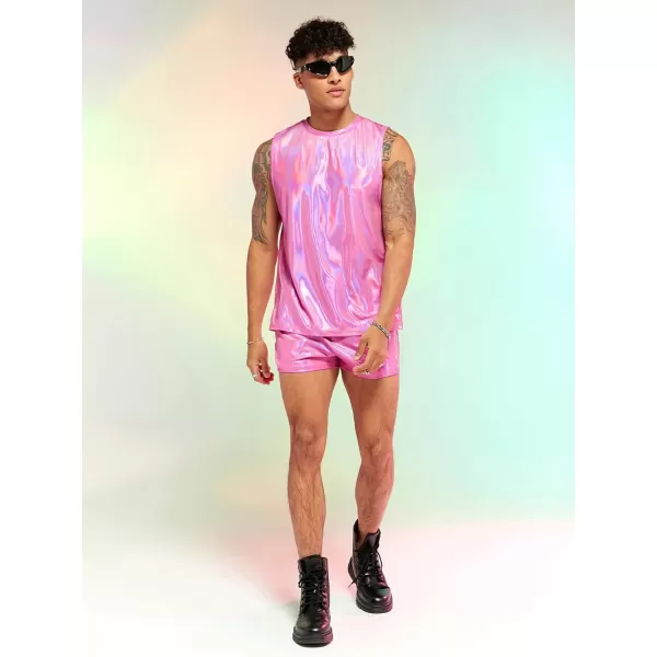 WDIRARA Men's 2 Piece Outfit Metallic Round Neck Sleeveless Tank Top and Drawstring Pocket Shorts
