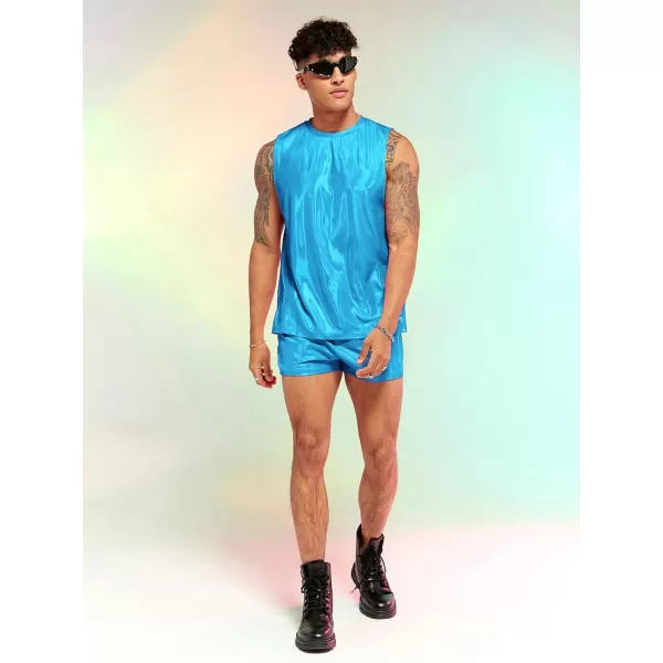 WDIRARA Men's 2 Piece Outfit Metallic Round Neck Sleeveless Tank Top and Drawstring Pocket Shorts