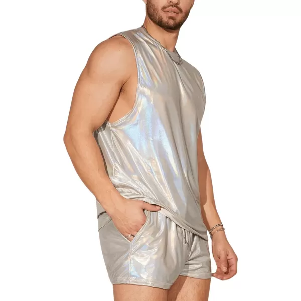 WDIRARA Men's 2 Piece Outfit Metallic Round Neck Sleeveless Tank Top and Drawstring Pocket Shorts