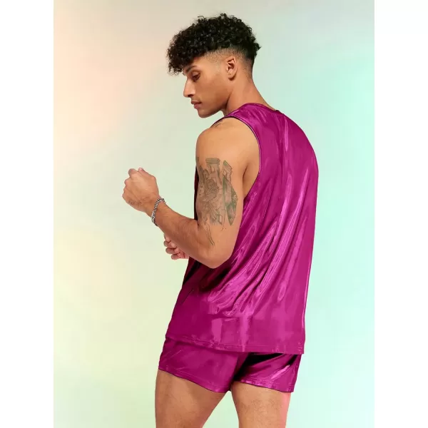 WDIRARA Men's 2 Piece Outfit Metallic Round Neck Sleeveless Tank Top and Drawstring Pocket Shorts