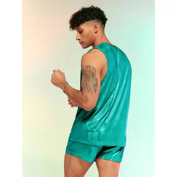 WDIRARA Men's 2 Piece Outfit Metallic Round Neck Sleeveless Tank Top and Drawstring Pocket Shorts