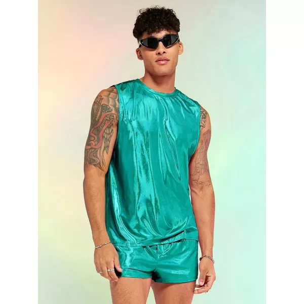 WDIRARA Men's 2 Piece Outfit Metallic Round Neck Sleeveless Tank Top and Drawstring Pocket Shorts