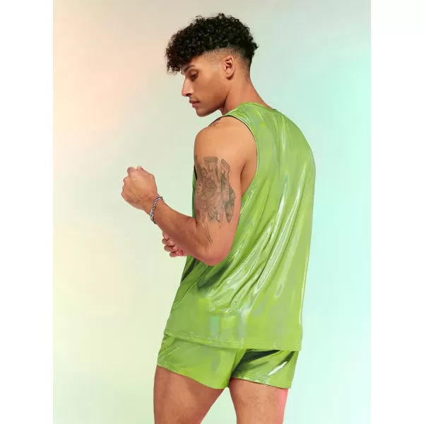 WDIRARA Men's 2 Piece Outfit Metallic Round Neck Sleeveless Tank Top and Drawstring Pocket Shorts