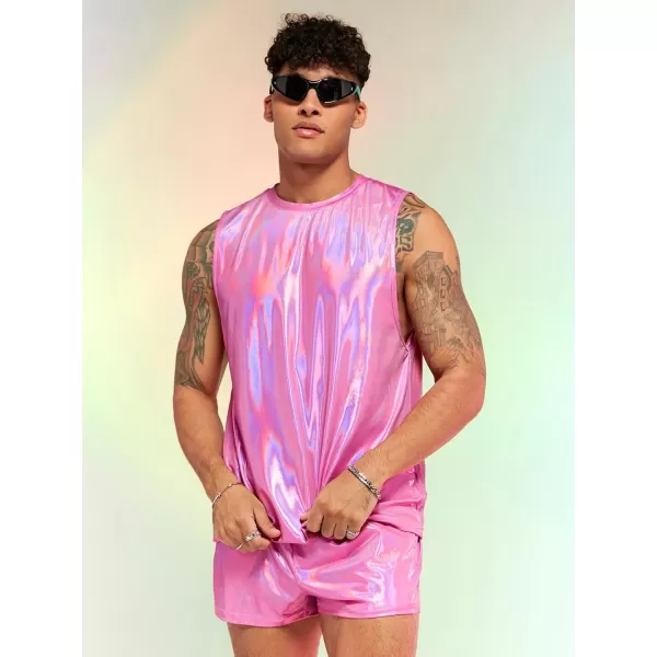 WDIRARA Men's 2 Piece Outfit Metallic Round Neck Sleeveless Tank Top and Drawstring Pocket Shorts