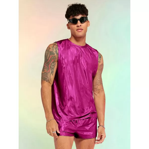 WDIRARA Men's 2 Piece Outfit Metallic Round Neck Sleeveless Tank Top and Drawstring Pocket Shorts