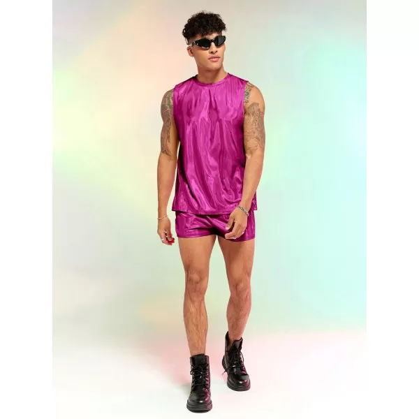 WDIRARA Men's 2 Piece Outfit Metallic Round Neck Sleeveless Tank Top and Drawstring Pocket Shorts