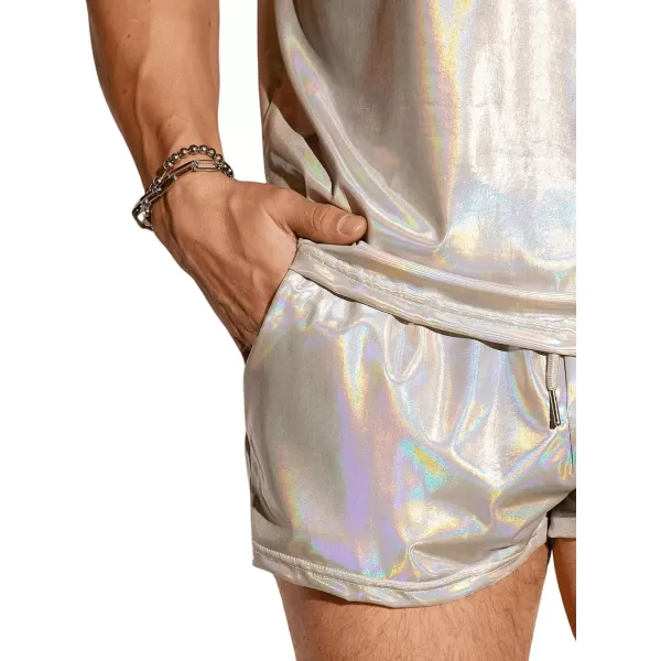 WDIRARA Men's 2 Piece Outfit Metallic Round Neck Sleeveless Tank Top and Drawstring Pocket Shorts