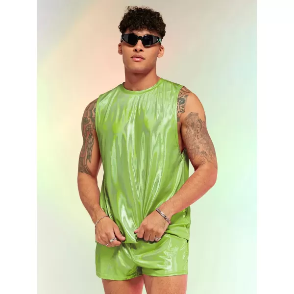 WDIRARA Men's 2 Piece Outfit Metallic Round Neck Sleeveless Tank Top and Drawstring Pocket Shorts