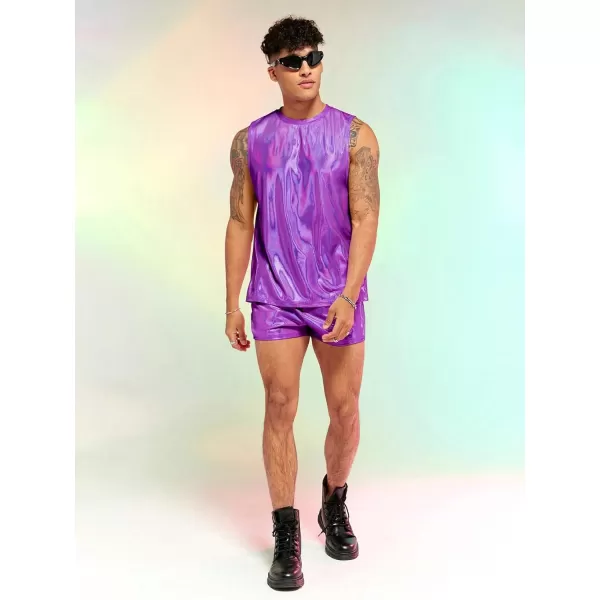 WDIRARA Men's 2 Piece Outfit Metallic Round Neck Sleeveless Tank Top and Drawstring Pocket Shorts