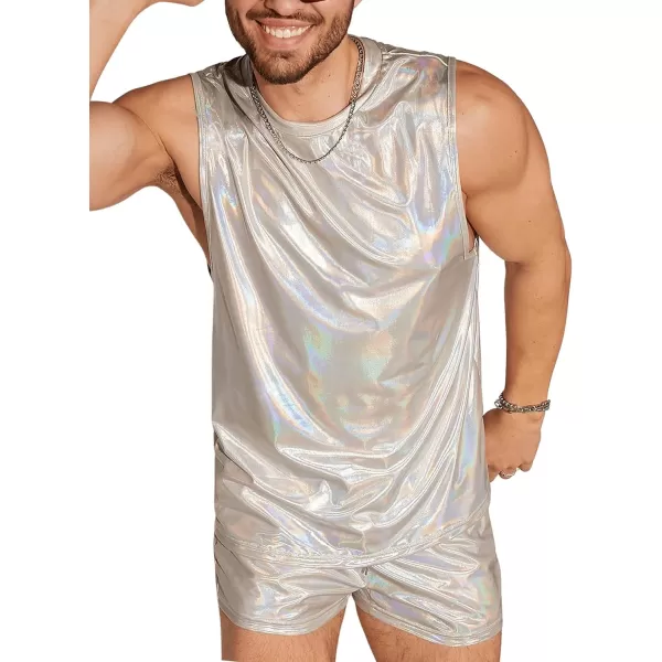 WDIRARA Men's 2 Piece Outfit Metallic Round Neck Sleeveless Tank Top and Drawstring Pocket Shorts